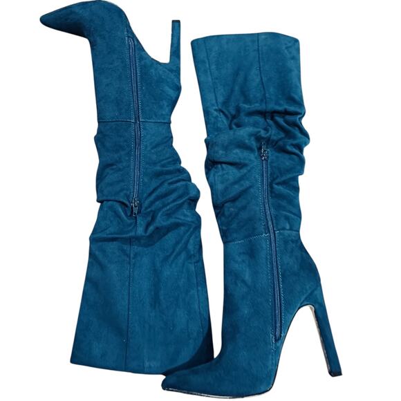 JustFab Reza Teal Blue Faux Suede Slouch Knee-High Stiletto Boots Sz 7 - Picture 5 of 8